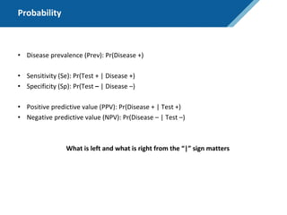 Probability
• Disease prevalence (Prev): Pr(Disease +)
• Sensitivity (Se): Pr(Test + | Disease +)
• Specificity (Sp): Pr(Test – | Disease –)
• Positive predictive value (PPV): Pr(Disease + | Test +)
• Negative predictive value (NPV): Pr(Disease – | Test –)
What is left and what is right from the “|” sign matters
 