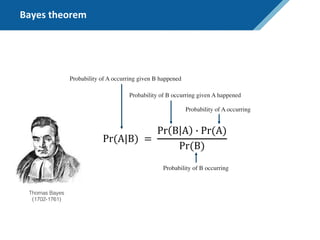Bayes theorem
Pr(A|B) =
Pr B A ) Pr(A)
Pr(B)
Probability of A occurring given B happened
Probability of B occurring given A happened
Probability of A occurring
Probability of B occurring
Thomas Bayes
(1702-1761)
 