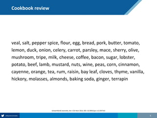 Cookbook review
veal, salt, pepper spice, flour, egg, bread, pork, butter, tomato,
lemon, duck, onion, celery, carrot, parsley, mace, sherry, olive,
mushroom, tripe, milk, cheese, coffee, bacon, sugar, lobster,
potato, beef, lamb, mustard, nuts, wine, peas, corn, cinnamon,
cayenne, orange, tea, rum, raisin, bay leaf, cloves, thyme, vanilla,
hickory, molasses, almonds, baking soda, ginger, terrapin
6
Schoenfeld & Ioannidis, Am J Clin Nutr 2013, DOI: 10.3945/ajcn.112.047142
 
