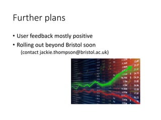 Further plans
• User feedback mostly positive
• Rolling out beyond Bristol soon
(contact jackie.thompson@bristol.ac.uk)
 