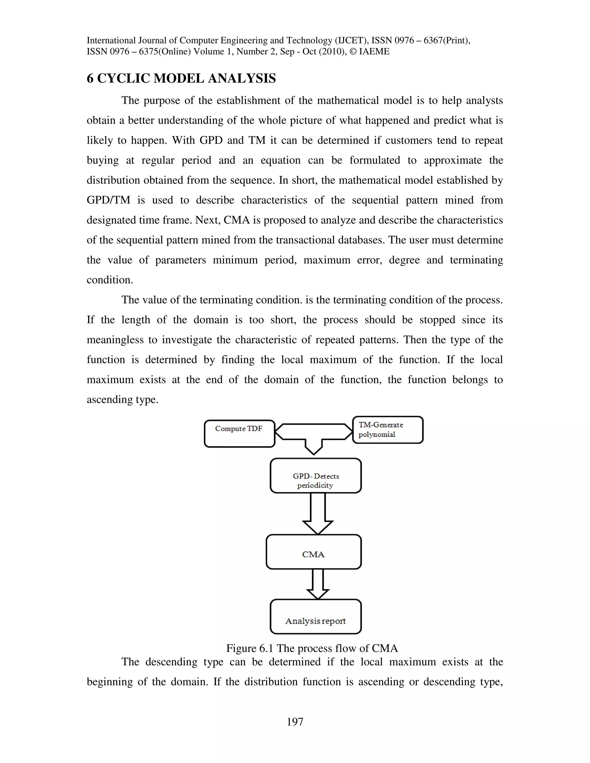 International Journal of Computer Engineering and Technology (IJCET), ISSN 0976 – 6367(Print),
ISSN 0976 – 6375(Online) Volume 1, Number 2, Sep - Oct (2010), © IAEME

6 CYCLIC MODEL ANALYSIS
        The purpose of the establishment of the mathematical model is to help analysts
obtain a better understanding of the whole picture of what happened and predict what is
likely to happen. With GPD and TM it can be determined if customers tend to repeat
buying at regular period and an equation can be formulated to approximate the
distribution obtained from the sequence. In short, the mathematical model established by
GPD/TM is used to describe characteristics of the sequential pattern mined from
designated time frame. Next, CMA is proposed to analyze and describe the characteristics
of the sequential pattern mined from the transactional databases. The user must determine
the value of parameters minimum period, maximum error, degree and terminating
condition.
        The value of the terminating condition. is the terminating condition of the process.
If the length of the domain is too short, the process should be stopped since its
meaningless to investigate the characteristic of repeated patterns. Then the type of the
function is determined by finding the local maximum of the function. If the local
maximum exists at the end of the domain of the function, the function belongs to
ascending type.




                           Figure 6.1 The process flow of CMA
        The descending type can be determined if the local maximum exists at the
beginning of the domain. If the distribution function is ascending or descending type,


                                                197
 