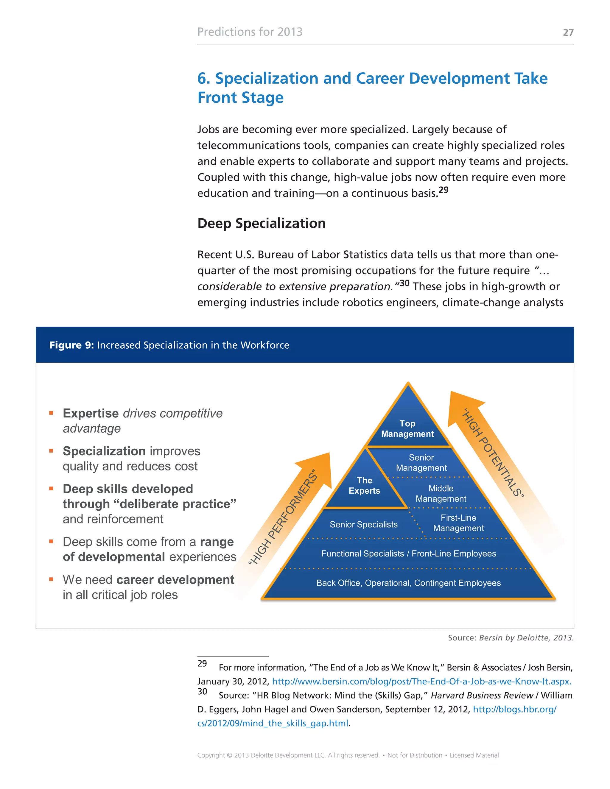Predictions for 2013 27
Copyright © 2013 Deloitte Development LLC. All rights reserved. • Not for Distribution • Licensed Material
6. Specialization and Career Development Take
Front Stage
Jobs are becoming ever more specialized. Largely because of
telecommunications tools, companies can create highly specialized roles
and enable experts to collaborate and support many teams and projects.
Coupled with this change, high-value jobs now often require even more
education and training—on a continuous basis.29
Deep Specialization
Recent U.S. Bureau of Labor Statistics data tells us that more than one-
quarter of the most promising occupations for the future require “…
considerable to extensive preparation.”30 These jobs in high-growth or
emerging industries include robotics engineers, climate-change analysts
29	 For more information, “The End of a Job as We Know It,” Bersin  Associates / Josh Bersin,
January 30, 2012, http://www.bersin.com/blog/post/The-End-Of-a-Job-as-we-Know-It.aspx.
30	 Source: “HR Blog Network: Mind the (Skills) Gap,” Harvard Business Review / William
D. Eggers, John Hagel and Owen Sanderson, September 12, 2012, http://blogs.hbr.org/
cs/2012/09/mind_the_skills_gap.html.
Figure 9: Increased Specialization in the Workforce
Source: Bersin by Deloitte, 2013.
High-Performing Organizations Understand This
 Expertise drives competitive
advantage
 Specialization improves
quality and reduces cost
 Deep skills developed
through “deliberate practice”
and reinforcement
 Deep skills come from a range
of developmental experiences
 We need career development
in all critical job roles
Back Office, Operational, Contingent Employees
Functional Specialists / Front-Line Employees
Top
Management
Senior
Management
Middle
Management
Senior Specialists
First-Line
Management
The
Experts
 