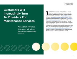 © 2022 Forrester Research, Inc. All Rights Reserved. 13
T
o offset declines in premiums and policies, a growing
number of insurers will introduce new non-insurance
services. Value-added services are already customary
in commercial P&C, with the likes of Zurich’s DEI services
or Markel’s complex construction advisory services, but will
ripple across personal lines in 2023. According to Forrester’s
2021 data, “stretched spenders” in the US and UK were more
interested in receiving services such as repairing, buying,
security, and disaster planning from their insurance providers.
In the UK, 26% of stretched spenders were interested in home
repair services while just 15% of cushioned savers were. State
Farm has jumped in, teaming with ADT and Google to launch
smart-home services that “predict and prevent” claims. The
upside for insurers? They get underwriting insights because
they know which customers maintain their property.
Customers Will
Increasingly Turn
To Providers For
Maintenance Services
At least half of the top
10 insurers will roll out
fee-based, value-added
services.
 