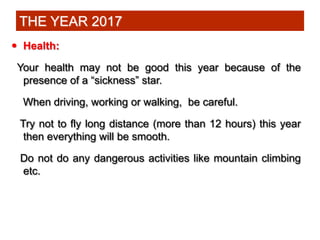  Health:
Your health may not be good this year because of the
presence of a “sickness” star.
When driving, working or wal...