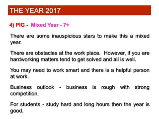 4) PIG - Mixed Year - 7+
There are some inauspicious stars to make this a mixed
year.
There are obstacles at the work plac...