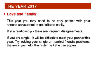  Love and Family:
This year you may need to be very patient with your
spouse as you tend to get irritated easily.
If in a...