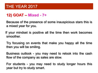12) GOAT – Mixed - 7+
Because of the presence of some inauspicious stars this is
a mixed year for you.
If your mindset is ...