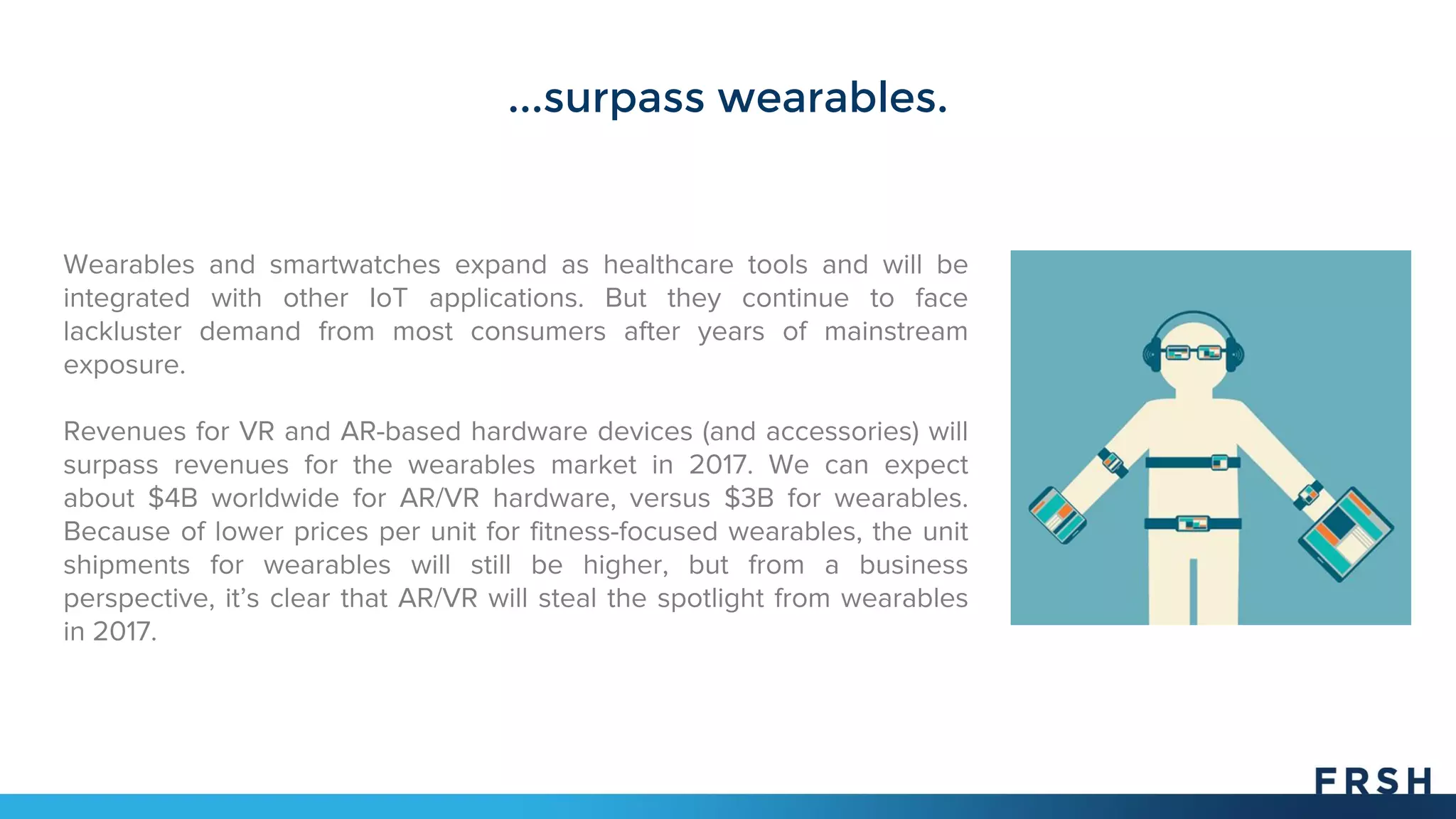 ...surpass wearables.
Wearables and smartwatches expand as healthcare tools and will be
integrated with other IoT applications. But they continue to face
lackluster demand from most consumers after years of mainstream
exposure.
Revenues for VR and AR-based hardware devices (and accessories) will
surpass revenues for the wearables market in 2017. We can expect
about $4B worldwide for AR/VR hardware, versus $3B for wearables.
Because of lower prices per unit for fitness-focused wearables, the unit
shipments for wearables will still be higher, but from a business
perspective, it’s clear that AR/VR will steal the spotlight from wearables
in 2017.
 