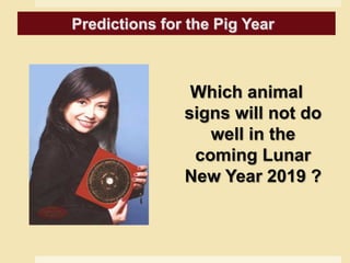 Predictions for the Goat Year
Which animal
signs will not do
well in the
coming Lunar
New Year 2019 ?
Predictions for the Pig Year
 