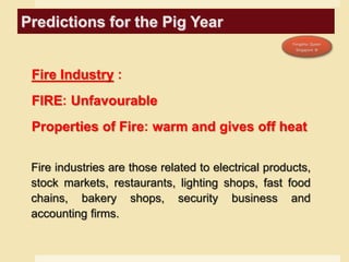 Fire Industry :
FIRE: Unfavourable
Properties of Fire: warm and gives off heat
Fire industries are those related to electrical products,
stock markets, restaurants, lighting shops, fast food
chains, bakery shops, security business and
accounting firms.
Predictions for the Pig Year
 