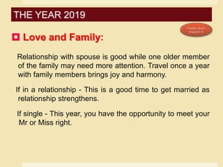  Love and Family:
Relationship with spouse is good while one older member
of the family may need more attention. Travel once a year
with family members brings joy and harmony.
If in a relationship - This is a good time to get married as
relationship strengthens.
If single - This year, you have the opportunity to meet your
Mr or Miss right.
THE YEAR 2019
 