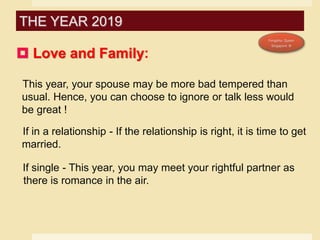  Love and Family:
This year, your spouse may be more bad tempered than
usual. Hence, you can choose to ignore or talk less would
be great !
If in a relationship - If the relationship is right, it is time to get
married.
If single - This year, you may meet your rightful partner as
there is romance in the air.
THE YEAR 2019
 