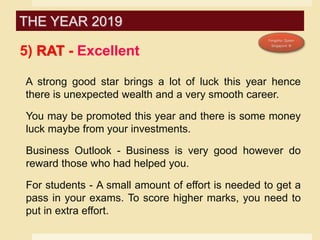 5) RAT - Excellent
A strong good star brings a lot of luck this year hence
there is unexpected wealth and a very smooth career.
You may be promoted this year and there is some money
luck maybe from your investments.
Business Outlook - Business is very good however do
reward those who had helped you.
For students - A small amount of effort is needed to get a
pass in your exams. To score higher marks, you need to
put in extra effort.
THE YEAR 2019
 