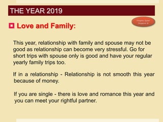  Love and Family:
This year, relationship with family and spouse may not be
good as relationship can become very stressful. Go for
short trips with spouse only is good and have your regular
yearly family trips too.
If in a relationship - Relationship is not smooth this year
because of money.
If you are single - there is love and romance this year and
you can meet your rightful partner.
THE YEAR 2019
 