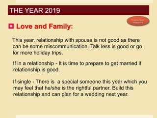  Love and Family:
This year, relationship with spouse is not good as there
can be some miscommunication. Talk less is good or go
for more holiday trips.
If in a relationship - It is time to prepare to get married if
relationship is good.
If single - There is a special someone this year which you
may feel that he/she is the rightful partner. Build this
relationship and can plan for a wedding next year.
THE YEAR 2019
 