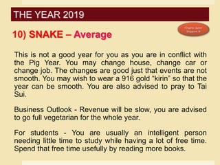 10) SNAKE – Average
This is not a good year for you as you are in conflict with
the Pig Year. You may change house, change car or
change job. The changes are good just that events are not
smooth. You may wish to wear a 916 gold “kirin” so that the
year can be smooth. You are also advised to pray to Tai
Sui.
Business Outlook - Revenue will be slow, you are advised
to go full vegetarian for the whole year.
For students - You are usually an intelligent person
needing little time to study while having a lot of free time.
Spend that free time usefully by reading more books.
THE YEAR 2019
 