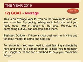 THE YEAR 2019
12) GOAT - Average
This is an average year for you as the favourable stars are
few in number. Try getting colleagues to help you out if you
really need help or speak to the boss. Projects are
demanding but you can accomplished them.
Business Outlook - If there is slow business, try inviting any
fengshui master to come and help you.
For students - You may need to start learning subjects by
hard and there is a simple method to help you remember.
Go Goggle or Yahoo for a method to help you remember
things.
 
