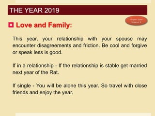  Love and Family:
This year, your relationship with your spouse may
encounter disagreements and friction. Be cool and forgive
or speak less is good.
If in a relationship - If the relationship is stable get married
next year of the Rat.
If single - You will be alone this year. So travel with close
friends and enjoy the year.
THE YEAR 2019
 