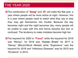 The combination of “Geng” and “Zi” will make the Rat year, a
year where people will be more active at night. However, this
is a year where people need to watch what they say or else
they may get themselves into trouble. Because the day
becomes night and the night becomes day, many people will
be unable to cope with this and hence become blur blur or
confused. The tendency to make mistakes become high too.
The keyword for 2020 is “Fraud” while the keyword for 2019
was “Money”, for 2018 was “Human Errors” for 2017 is
“Money” (Bitcoin/Stock Market) while “Explosions” was the
keyword for 2016 and “Infectious Diseases” was for 2015 and
“Emotions” in 2014.
THE YEAR 2020
 