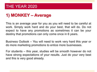 1) MONKEY – Average
This is an average year for you as you will need to be careful at
work. Simply work hard and do your best, that will do. Do not
expect to have any promotions as sometimes it can be your
destiny that promotions can only come once in 6 years.
Business Outlook – You will need to work very hard this year or
do more marketing promotions to entice more businesses.
For students – this year, studies will be smooth however do not
have strong expectations of your results. Just do your very best
and this is very good already.
THE YEAR 2020
 