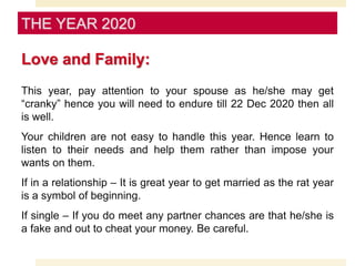 Love and Family:
This year, pay attention to your spouse as he/she may get
“cranky” hence you will need to endure till 22 Dec 2020 then all
is well.
Your children are not easy to handle this year. Hence learn to
listen to their needs and help them rather than impose your
wants on them.
If in a relationship – It is great year to get married as the rat year
is a symbol of beginning.
If single – If you do meet any partner chances are that he/she is
a fake and out to cheat your money. Be careful.
THE YEAR 2020
 