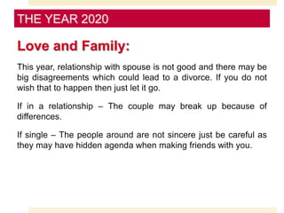 Love and Family:
This year, relationship with spouse is not good and there may be
big disagreements which could lead to a divorce. If you do not
wish that to happen then just let it go.
If in a relationship – The couple may break up because of
differences.
If single – The people around are not sincere just be careful as
they may have hidden agenda when making friends with you.
THE YEAR 2020
 