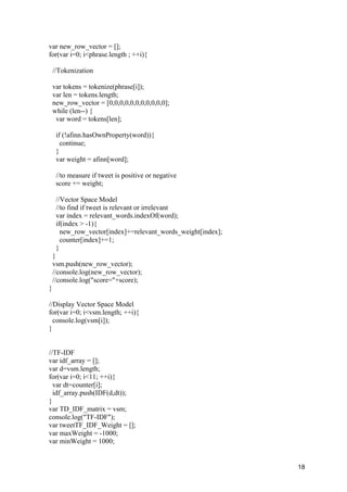 18
var new_row_vector = [];
for(var i=0; i<phrase.length ; ++i){
//Tokenization
var tokens = tokenize(phrase[i]);
var len = tokens.length;
new_row_vector = [0,0,0,0,0,0,0,0,0,0,0];
while (len--) {
var word = tokens[len];
if (!afinn.hasOwnProperty(word)){
continue;
}
var weight = afinn[word];
//to measure if tweet is positive or negative
score += weight;
//Vector Space Model
//to find if tweet is relevant or irrelevant
var index = relevant_words.indexOf(word);
if(index > -1){
new_row_vector[index]+=relevant_words_weight[index];
counter[index]+=1;
}
}
vsm.push(new_row_vector);
//console.log(new_row_vector);
//console.log("score="+score);
}
//Display Vector Space Model
for(var i=0; i<vsm.length; ++i){
console.log(vsm[i]);
}
//TF-IDF
var idf_array = [];
var d=vsm.length;
for(var i=0; i<11; ++i){
var dt=counter[i];
idf_array.push(IDF(d,dt));
}
var TD_IDF_matrix = vsm;
console.log("TF-IDF");
var tweetTF_IDF_Weight = [];
var maxWeight = -1000;
var minWeight = 1000;
 