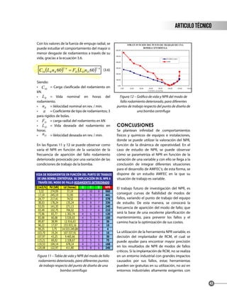 Con los valores de la fuerza de empuje radial, se
puede estudiar el comportamiento del mayor o
menor desgaste de rodamientos a través de su
vida, gracias a la ecuación 3.6.
Siendo:
• = Carga clasificada del rodamiento en
kN.
• = Vida nominal en horas del
rodamiento.
• = Velocidad nominal en rev. / min.
• = Coeficiente de tipo de rodamientos; 3
para rígidos de bolas.
• = carga radial del rodamiento en kN
• = Vida deseada del rodamiento en
horas.
• = Velocidad deseada en rev. / min.
En las figuras 11 y 12 se puede observar como
varía el NPR en función de la variación de la
frecuencia de aparición del fallo rodamiento
deteriorado provocado por una variación de las
condiciones de trabajo de la bomba.
Figura 11 – Tabla de vida y NPR del modo de fallo
rodamiento deteriorado, para diferentes puntos
de trabajo respecto del punto de diseño de una
bomba centrífuga
Figura 12 – Gráfico de vida y NPR del modo de
fallo rodamiento deteriorado, para diferentes
puntos de trabajo respecto del punto de diseño de
una bomba centrífuga
CONCLUSIONES
Se plantean infinidad de comportamientos
físicos y químicos de equipos e instalaciones,
donde se puede utilizar la valoración del NPR,
función de la dinámica de operatividad. En el
caso de estudio de NPR, se puede observar
cómo se parametriza el NPR en función de la
variación de una variable y con ello se llega a la
conclusión de integrar diferentes situaciones
para el desarrollo de AMFEC’s; de esta forma, se
dispone de un estudio AMFEC en la que su
situación de trabajo es variable.
El trabajo futuro de investigación del NPR, es
conseguir curvas de fiabilidad de modos de
fallos, variando el punto de trabajo del equipo
de estudio. De esta manera, se conocerá la
frecuencia de aparición del modo de fallo; que
será la base de una excelente planificación de
mantenimiento, para prevenir los fallos y el
camino hacia la optimización de sus costes.
La utilización de la herramienta NPR variable, es
decisión del implantador de RCM, el cual se
puede ayudar para encontrar mayor precisión
en los resultados de NPR de modos de fallos
críticos. Si la implantación de RCM, no se realiza
en un entorno industrial con grandes impactos
causados por sus fallos, estas herramientas
pueden ser gratuitas en su utilización, no así en
entornos industriales altamente exigentes con
articulo técnico
43
( ) ( ) a
DDD
a
RR nLFnLC
/1/1
10 6060 =
10C
RL
Rn
a
DF
DL
Dn
Q (m3/h) Fd (kN) Ld (horas) G F D NPR
3,32 274,09 37,19 7 10 8 560
17,19 245,19 51,95 7 9 7 441
24,77 217,41 74,52 6 9 7 378
38,03 178,24 135,24 6 8 7 336
53,55 141,35 271,13 5 8 6 240
65,49 102,75 706,02 5 7 6 210
73,96 83,77 1.302,74 4 6 5 120
83,08 60,08 3.530,65 4 5 5 100
89,87 38,99 12.916,63 3 3 4 36
96,22 17,07 153.933,16 2 2 4 16
99,25 3,75 14.533.249,84 1 1 4 4
103,70 19,24 107.537,91 2 2 4 16
107,97 43,25 9.465,66 2 3 5 30
115,21 69,02 2.328,67 3 5 5 75
119,53 104,14 678,14 4 7 6 168
120,08 122,97 411,80 5 8 6 240
VIDA DE RODAMIENTOS EN FUNCIÓN DEL PUNTO DE TRABAJO
DE UNA BOMBA CENTRÍFUGA. SU IMPLICACIÓN EN EL NPR A
TRAVÉS DEL MODO DE FALLO RODAMIENTO DETERIORADO
NPR EN FUNCIÓN DEL PUNTO DE TRABAJO DE UNA
BOMBA CENTRÍFUGA
0,00
100,00
200,00
300,00
400,00
500,00
600,00
0,00 20,00 40,00 60,00 80,00 100,00 120,00 140,00
CAUDAL (Q (m3/h))
FUERZA (kN)
NPR
(3.6)
 