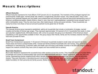 Mosaic Descriptions Affluent Suburbia Affluent Suburbia represents the most affluent 10.67 percent of U.S. Households. The members of this privileged segment are predominantly middle-aged, married adults with children in single-family suburban homes. Very well-educated, many in this segment have graduate degrees and are health care professionals and business and financial executives-representing many of America’s professional leaders. Mainly White or Asian in race, they live in well-established, substantial homes situated near or within metropolitan areas. They live very busy lives, often balancing job, family and social activities. These households are nearly five times more likely to have an annual household income great than $ 150,000.  Upscale America The Upscale America group represents established, well-to-do households that include a combination of singles, married couples and families of diverse age ranges. They represent approximately 10.6 percent of U.S. households that reside in urban and suburban neighborhoods. Ethnically diverse, with a drive to succeed, this group is an illustration of the American dream. Capitalizing on the opportunities available to them, this group enjoys their friends, family and the monetary rewards that their hard work provides for them.  Small-Town Contentment Small-Town Contentment represents 11.42 percent of American households located in small urban and second city areas. These areas are home to predominately white, married and family-oriented households who own homes. They commute to professions in manufacturing, Customers sales and health care and enjoy dual-median incomes in the $50,000 range in order to support the creature comforts they have come to expect and have worked hard to achieve.  Blue-Collar Backbone Blue-Collar Backbone represents the successful blue-collar workers across the country. They total 6.64 percent of United States households and consist of predominately high school-educated individuals and some college experience. Most own their own homes. Representing diverse neighborhoods within densely populated regions and small-town suburbs, they are ethnically diverse. They work hard jobs in manufacturing and construction, health services, retail, and wholesale trades, providing the stable foundation for their personal and family pursuits. Median incomes fall in the $30,000 to $40,000 range. 