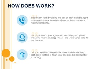 HOW DOES WORK?
01
This system starts by dialing one call for each available agent.
It then predicts how many calls should be dialed per agent
maximize efficiency.
02
It is only connects your agents with live calls by recognizes
answering machines, dropped calls, and unanswered calls, fil-
ters them out.
03
Using an algorithm the predictive dialer predicts how long
each agent will take to finish a call and dials the next number
accordingly.
 