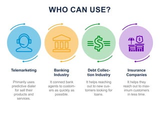 WHO CAN USE?
Telemarketing Banking
Industry
It connect bank
agents to custom-
ers as quickly as
possible.
Debt Collec-
tion Industry
It helps reaching
out to new cus-
tomers looking for
loans.
Insurance
Companies
It helps they
reach out to max-
imum customers
in less time.
Primarily uses
predictive dialer
for sell their
products and
services.
 