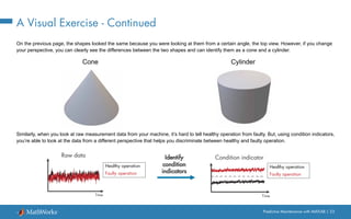 Predictive Maintenance with MATLAB | 23
A Visual Exercise - Continued
On the previous page, the shapes looked the same because you were looking at them from a certain angle, the top view. However, if you change
your perspective, you can clearly see the differences between the two shapes and can identify them as a cone and a cylinder.
Similarly, when you look at raw measurement data from your machine, it’s hard to tell healthy operation from faulty. But, using condition indicators,
you’re able to look at the data from a different perspective that helps you discriminate between healthy and faulty operation.
Cylinder
Cone
Identify
condition
indicators
Time
Condition indicator
Time
Raw data
Healthy operation
Faulty operation
Healthy operation
Faulty operation
 