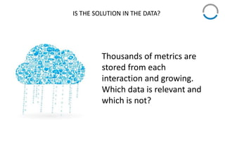 IS THE SOLUTION IN THE DATA?
Thousands of metrics are
stored from each
interaction and growing.
Which data is relevant and
which is not?
 