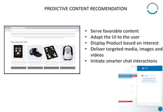 PREDICTIVE CONTENT RECOMENDATION
• Serve favorable content
• Adapt the UI to the user
• Display Product based on interest
• Deliver targeted media, images and
videos
• Initiate smarter chat interactions
 