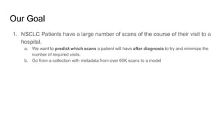 Our Goal
1. NSCLC Patients have a large number of scans of the course of their visit to a
hospital.
a. We want to predict which scans a patient will have after diagnosis to try and minimize the
number of required visits.
b. Go from a collection with metadata from over 60K scans to a model
 
