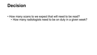 Decision
• How many scans to we expect that will need to be read?
• How many radiologists need to be on duty in a given week?
 