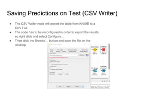 Saving Predictions on Test (CSV Writer)
● The CSV Writer node will export the table from KNIME to a
CSV File.
● The node has to be reconfigured in order to export the results
so right click and select Configure…
● Then click the Browse… button and save the file on the
desktop
 