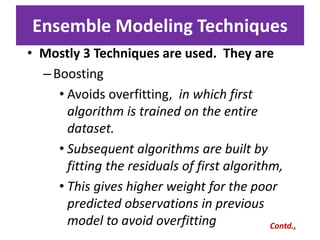 Ensemble Modeling Techniques
• Mostly 3 Techniques are used. They are
–Boosting
• Avoids overfitting, in which first
algorithm is trained on the entire
dataset.
• Subsequent algorithms are built by
fitting the residuals of first algorithm,
• This gives higher weight for the poor
predicted observations in previous
model to avoid overfitting Contd.,
 