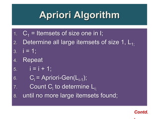 Apriori Algorithm
1. C1 = Itemsets of size one in I;
2. Determine all large itemsets of size 1, L1;
3. i = 1;
4. Repeat
5. i = i + 1;
6. Ci = Apriori-Gen(Li-1);
7. Count Ci to determine Li;
8. until no more large itemsets found;
Contd.
,
 