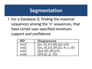 Segmentation
• For a Database D, finding the maximal
sequences among the ‘n’ sequences, that
have certail user-specified minimum
support and confidence
 