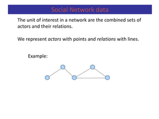 The unit of interest in a network are the combined sets of
actors and their relations.
We represent actors with points and relations with lines.
Example:
Social Network data
a
b
c e
d
 