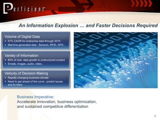 An Information Explosion … and Faster Decisions Required

Volume of Digital Data
 57% CAGR for enterprise data through 2010
 Machine generated data : Sensors, RFID, GPS..



Variety of Information
 80% of new data growth is unstructured content
 Emails, images, audio, video..


Velocity of Decision Making
 Rapidly changing business climate
 Need to get ahead of the curve : predict issues
  and fix them



          Business Imperative:
          Accelerate innovation, business optimization,
          and sustained competitive differentiation

                                                                 7
 