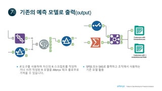 기존의 예측 모델로 출력(output)7
#1
#2
1
2
3
4
5
T
F
T
F
Customerswith
transactions.sav
Customerswith t
ransactions.sas7bdat
L
J
R
L
R
• R 도구를 사용하여 자신의 R 스크립트를 작성하
거나 사전 작성된 R 모델을 Alteryx 워크 플로우로
가져올 수 있습니다.
7 Steps to Data Blending for Predictive Analytics
• SPSS 또는 SAS로 출력하고 조직에서 사용하는
기존 모델 활용
 
