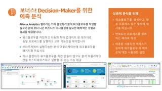 Alteryx Analytics 갤러리는 의사 결정자가 분석 워크플로우를 작성할
필요가 없이 보다 나은 비즈니스 의사결정에 필요한 매력적인 경험과
결과를 제공합니다.
• 워크플로우를 저장하고 자동화 하여 업데이트 된 데이터로
동일 프로세스를 실행하고 오류 가능성을 제거합니다
• 브라우저에서 실행가능한 분석 어플리케이션에 워크플로우를
패키지화 하십시오
• 의사 결정자가 워크플로우를 직접 만들지 않고도 분석 어플리케이
션을 커스터마이즈하고 실행할 수 있는 기능 제공
보너스! Decision-Maker를 위한
예측 분석
성공적 분석을 위해
• 워크플로우를 생성하고 향
후 프로세스 또는 출력에 재
사용 하십시오
• 반복되는 프로세스를 쉽게
하는 매크로 작성
• 허용된 사용자만 액세스가
능하게 워크플로우 와 매크
로에 대한 사용권한 설정
7 Steps to Data Blending for Predictive Analytics
 