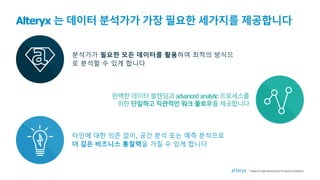 Alteryx 는 데이터 분석가가 가장 필요한 세가지를 제공합니다
완벽한 데이터 블렌딩과 advanced analytic 프로세스를
위한 단일하고직관적인 워크플로우를 제공합니다
타인에 대한 의존 없이, 공간 분석 또는 예측 분석으로
더 깊은 비즈니스 통찰력을 가질 수 있게 합니다
분석가가 필요한 모든 데이터를 활용하여 최적의 방식으
로 분석할 수 있게 합니다
7 Steps to Data Blending for Predictive Analytics
 