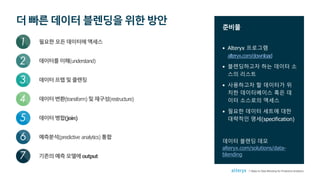 더 빠른 데이터 블렌딩을 위한 방안
데이터병합(join)
예측분석(predictive analytics) 통합
필요한 모든 데이터에 액세스
데이터를이해(understand)
데이터프렙및클렌징
데이터변환(transform) 및재구성(restructure)
1
2
3
4
5
6
7 기존의예측모델에output
준비물
• Alteryx 프로그램
alteryx.com/download
• 블렌딩하고자 하는 데이터 소
스의 리스트
• 사용하고자 할 데이터가 위
치한 데이터베이스 혹은 데
이터 소스로의 액세스
• 필요한 데이터 세트에 대한
대략적인 명세(specification)
7 Steps to Data Blending for Predictive Analytics
데이터 블렌딩 데모
alteryx.com/solutions/data-
blending
 