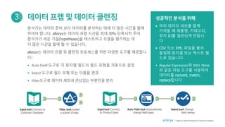 성공적인 분석을 위해
• 여러 데이터 세트를 함께
가져올 때 제품명, 카테고리,
유저 ID를 일관되게 만듭니
다
• CSV 또는 XML 파일을 불러
들일때 문자열 또는 텍스트 필
드로 읽습니다
• Regular Expression와 XML Parse
와 같은 파싱 도구를 사용하여
데이터를 convert, match,
replace합니다
데이터 프렙및 데이터 클렌징3
분석가는 데이터 준비 보다 데이터를 분석하는 데에 더 많은 시간을 할애
하여야 합니다. alteryx는 데이터 프렙 시간을 최대 30% 단축시켜 주어
분석가가 세운 가설(hypotheses)을 테스트하고 모델을 평가하는 데
더 많은 시간을 할애 할 수 있습니다.
alteryx는 데이터 프렙 및 클렌징 프로세스를 위한 다양한 도구를 제공합니
다:
• Auto Field 도구로 각 문자열 필드의 필드 유형을 자동으로 설정
• Select 도구로 필드 유형 또는 이름을 변경
• Filter도구로 데이터 세트내 관심있는 부분만을 분리
Inputtool: Connect to
Customer Database
Filter tool:Isolate
a subset of data
T
T
Inputtool: Connect
to Product Sales
Select tool: Change
field names
Auto Field tool: Automatically
change field types
7 Steps to Data Blending for Predictive Analytics
 