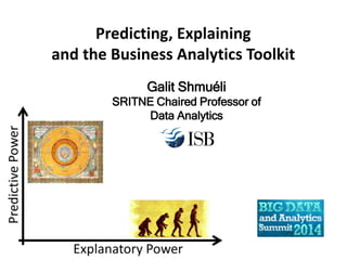 Galit Shmuéli
SRITNE Chaired Professor of
Data Analytics
Predicting, Explaining
and the Business Analytics Toolkit
 