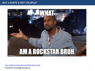 Intended for Knowledge Sharing only
Quick recap of what it is
Intended for Knowledge Sharing only
..BUT A KANYE & NOT COLDPLAY
5
https://imgflip.com/memegenerator/7064654/Kanye-West
 