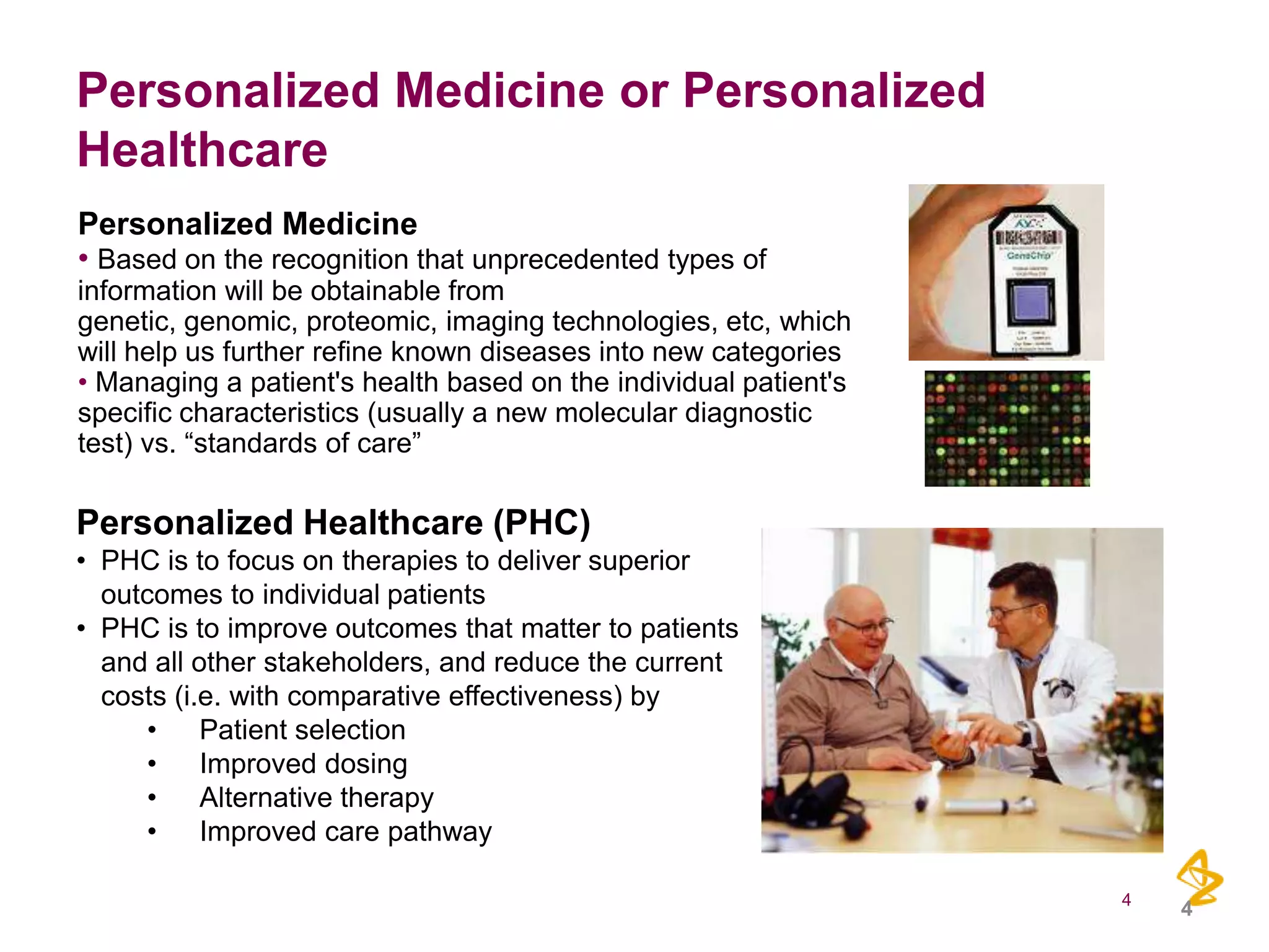 Personalized Medicine or Personalized
Healthcare
Personalized Medicine
• Based on the recognition that unprecedented types of
information will be obtainable from
genetic, genomic, proteomic, imaging technologies, etc, which
will help us further refine known diseases into new categories
• Managing a patient's health based on the individual patient's
specific characteristics (usually a new molecular diagnostic
test) vs. “standards of care”

Personalized Healthcare (PHC)
• PHC is to focus on therapies to deliver superior
outcomes to individual patients
• PHC is to improve outcomes that matter to patients
and all other stakeholders, and reduce the current
costs (i.e. with comparative effectiveness) by
•
Patient selection
•
Improved dosing
•
Alternative therapy
•
Improved care pathway
4

4

 